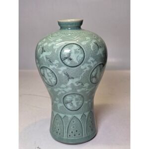 Antique Korean Celadon Green Cranes Clouds Vase Crackle Finish 7.5" Signed
